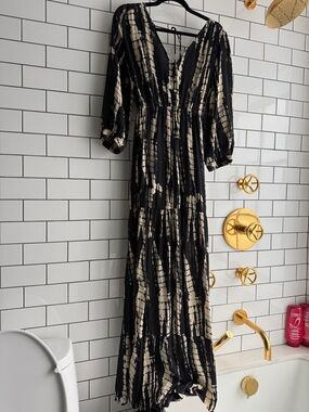 ba&sh Black and Cream V-Neck Maxi Dress with Open Back and Ties
